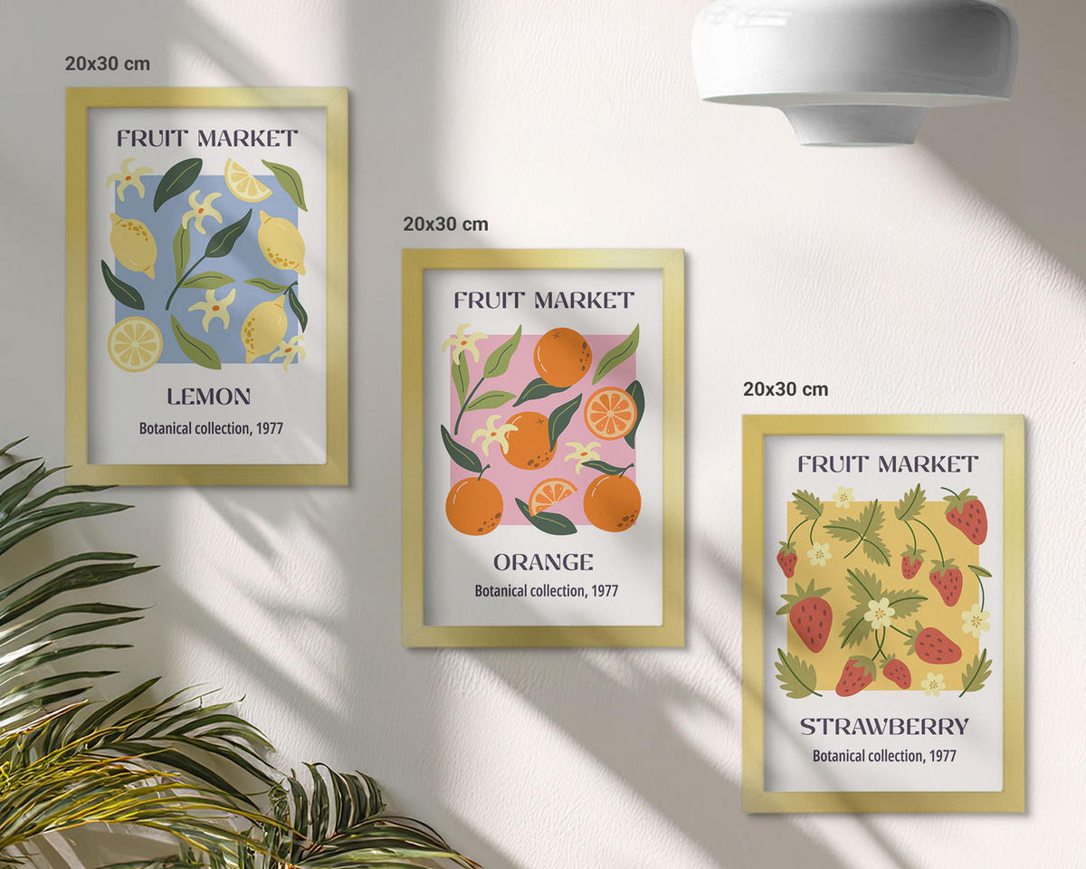 BILDER SET 3er Set - 20x30 cm Goldrahmen - Fruchtposter Zitronen Erdbeeren - Goldfarben, Kunststoff (20/30cm) - TULUP