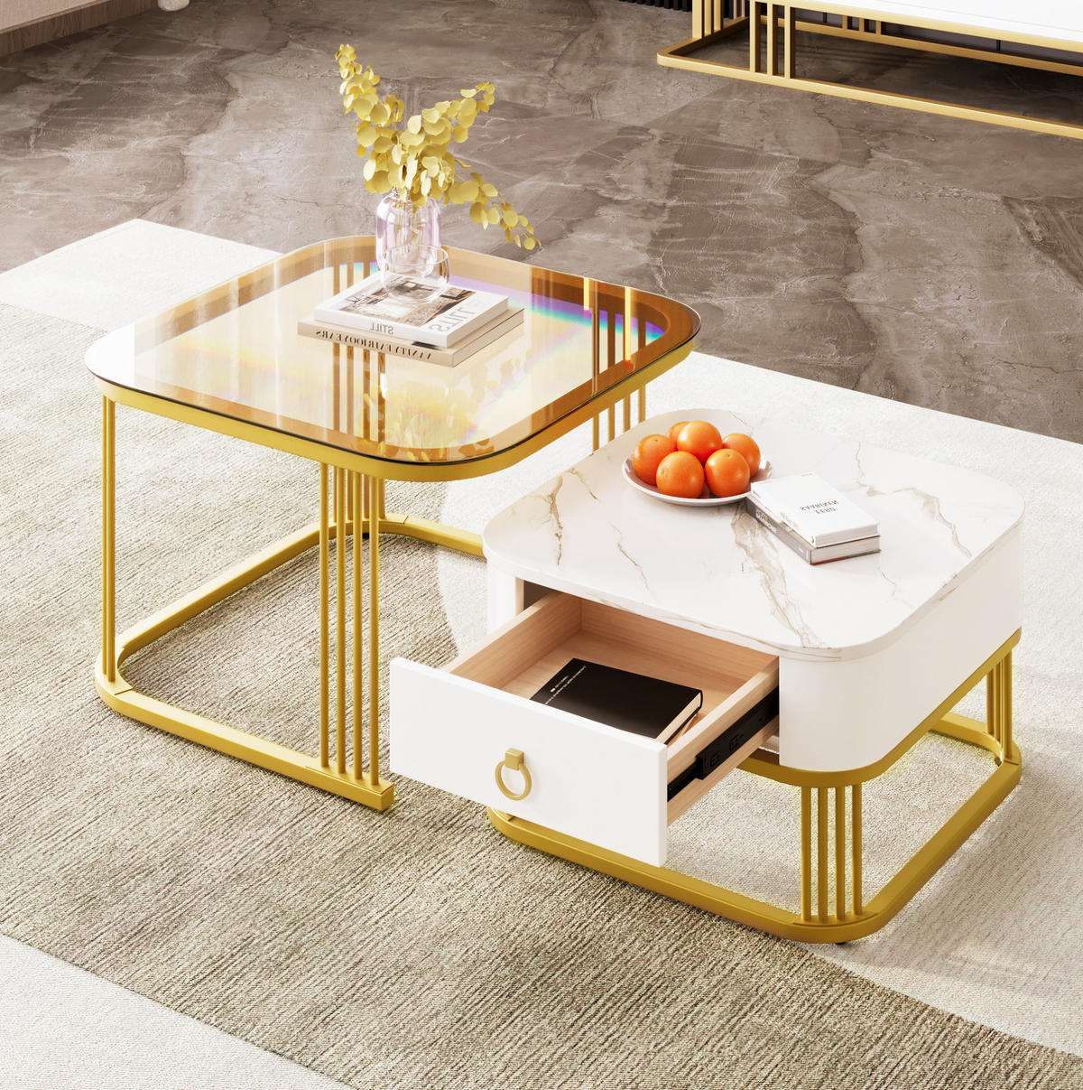 COUCHTISCH-SET aus MDF 60x60x42 cm Weiß-Gold mit Marmoroptik, brauner Glasplatte und Schublade, 2-teilig - Weiß, Holzwerkstoff (60/60/42.5cm) - IVMEU