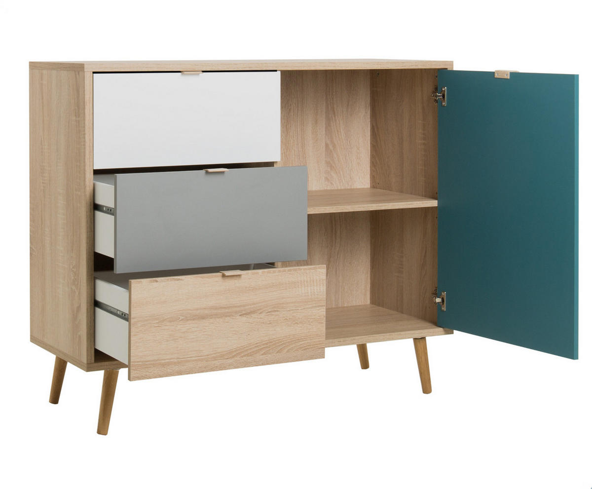 KOMMODE Eiche Sonoma, Petrol, weiß, grau, Anrichte Tricolor skandinavisch - Eichefarben/Petrol, Holz/Holzwerkstoff (103/87/40cm) - Furn.Design