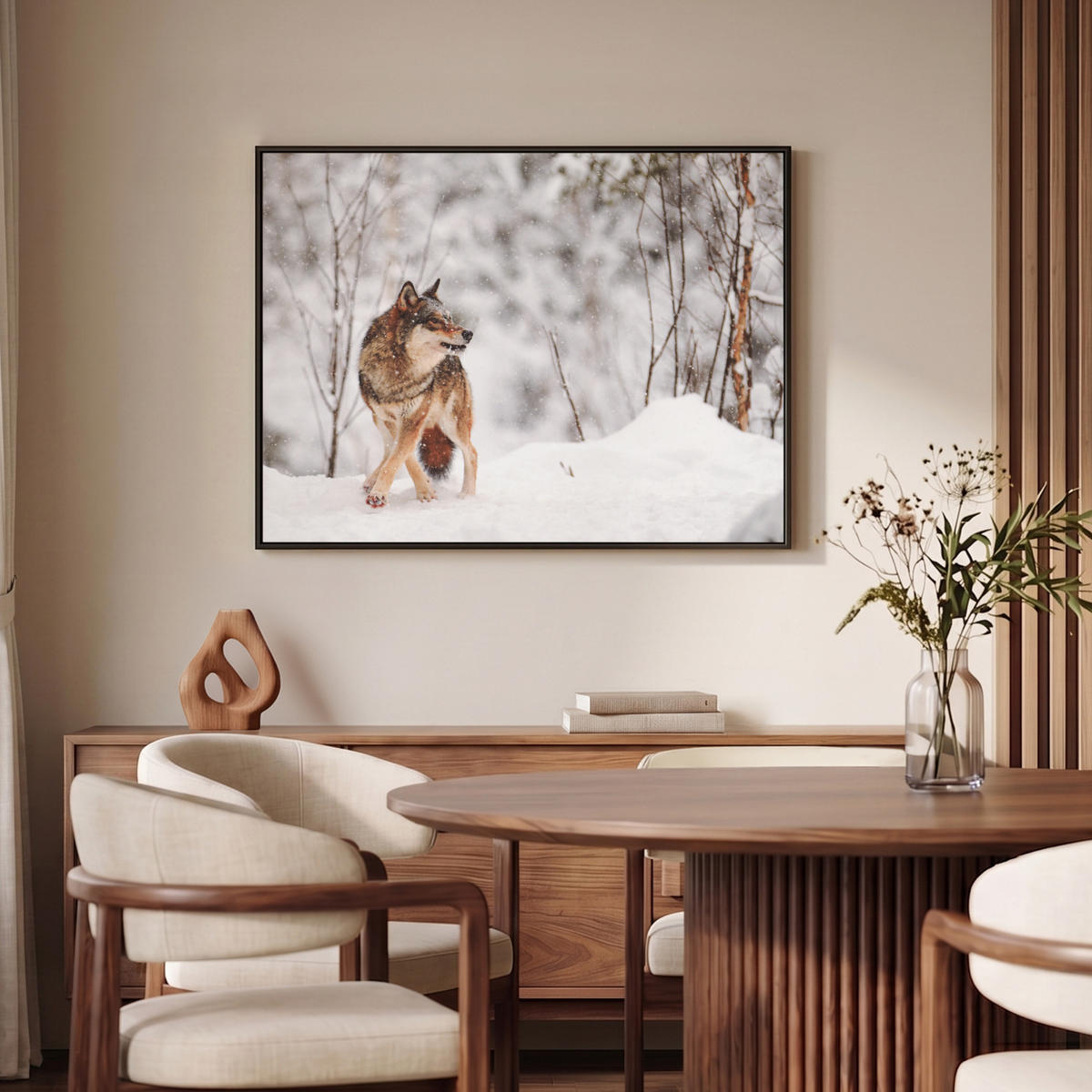 LEINWAND Bilder mit Rahmen - Wolf - Winter - Schnee - Natur - Tiere - 100x70 - Haselnussfarben, Textil (100/70cm) - MuchoWow