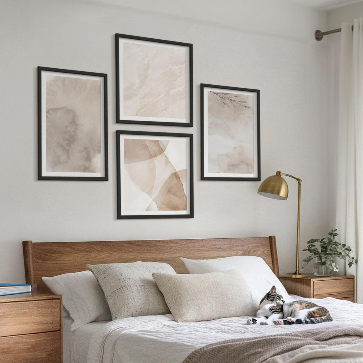 WANDBILDER 4er-Set - 50x50 cm & 40x60 cm Schwarzer Rahmen - Aquarellfarben, Boho-Texturen - Schwarz, Kunststoff (50/50cm) - ArtPrintCave