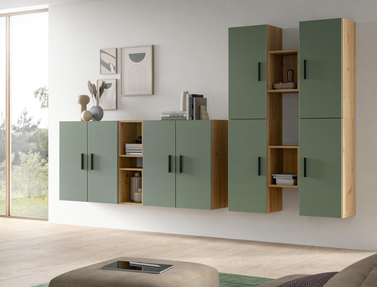 WOHNWAND grün, Eiche Artisan 259 x 184 cm, Wohnkombination hängend / stehend - Schwarz/Eiche Artisan, Holzwerkstoff/Kunststoff (259/151/34cm) - Inn.Furn