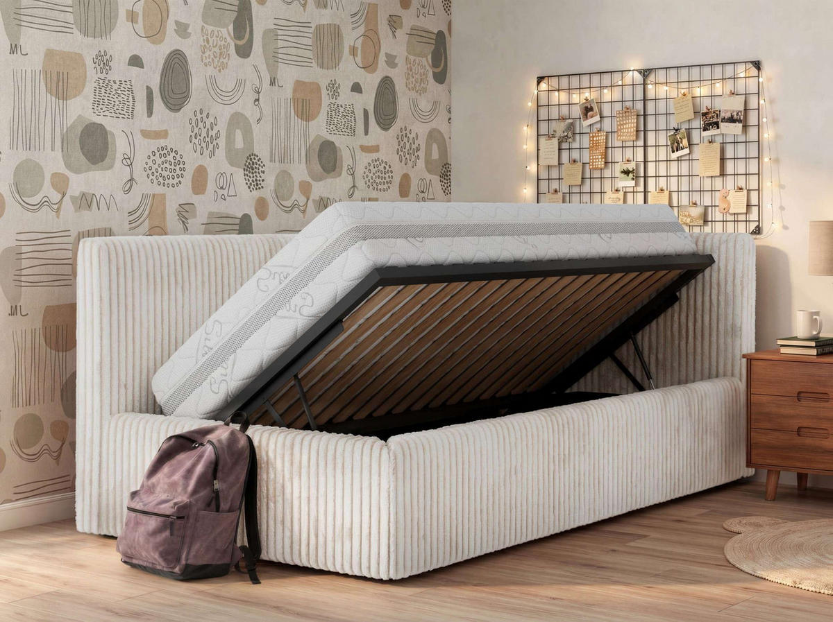 POLSTERBETT TILVO 90/200 - Beige Cord - Taschenfederkernmatratze - Rechts - Beige, Textil (200/90cm) - MKS