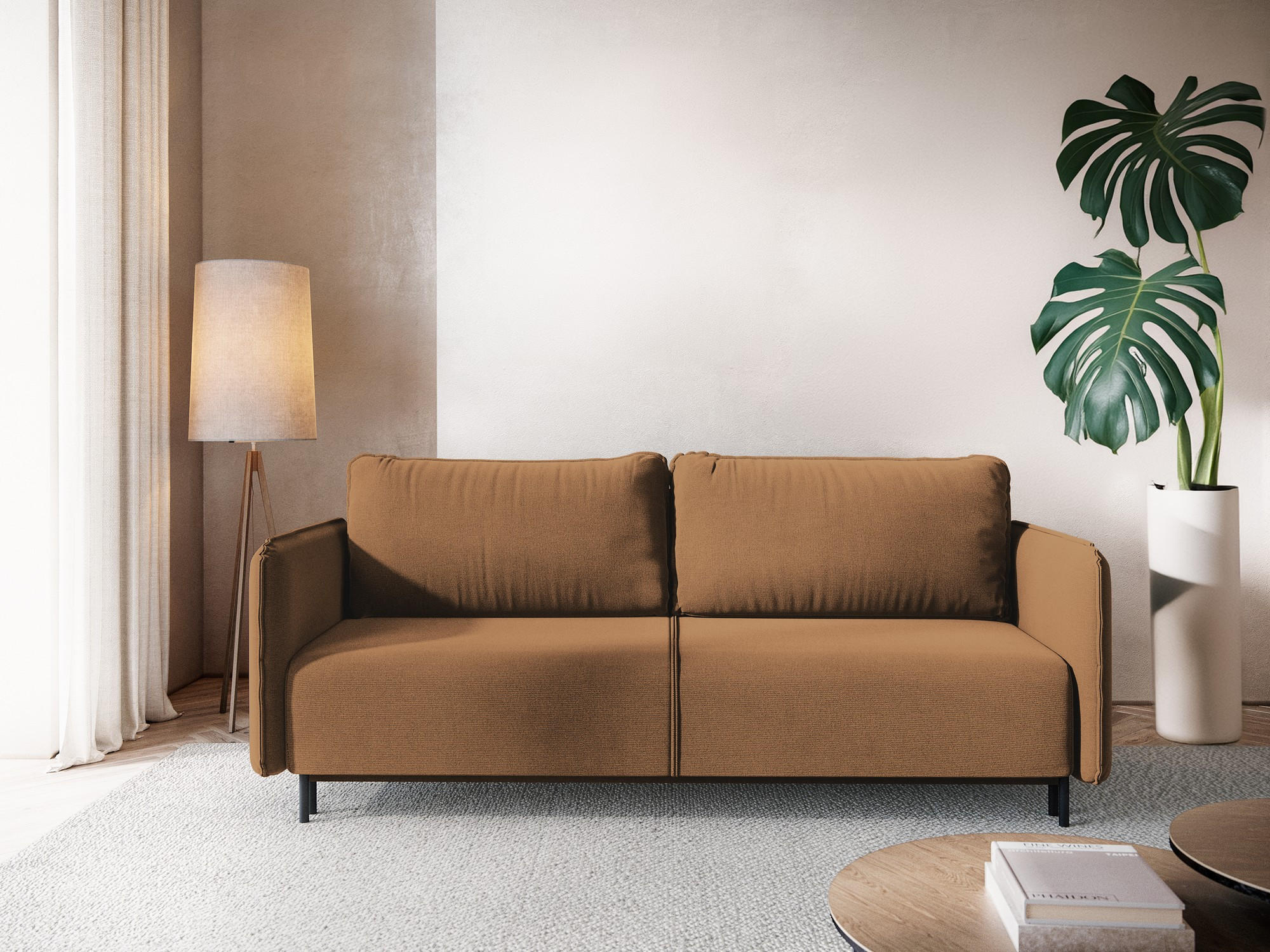 3-SITZER SOFA mit Schlaffunktion Strukturstoff Stoff Orange - Terracotta/Schwarz, Holz/Textil (226/90/92cm) - Makamii