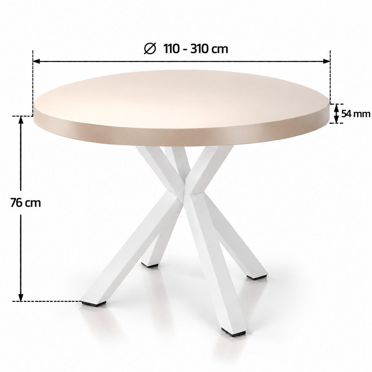 ESSTISCH rund ausziehbar 110-310/110/76 cm, Kaschmir, 54 cm Tischplatte + X Metallbeine Weiß - Kaschmir/Weiß, Holzwerkstoff/Metall (110/110/76cm) - Damale Möbel