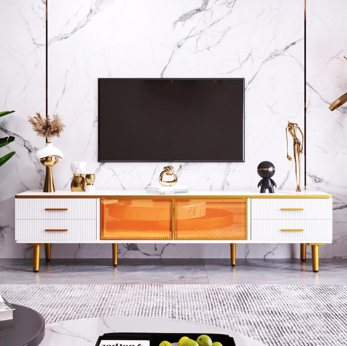 TV-LOWBOARD aus Spanplatte 170x37x47,5 cm Weiß in Marmoroptik mit LED-Beleuchtung, 4 Schubladen und 2 Glastüren - Weiß, Holzwerkstoff (170/47.5/37cm) - Modfu