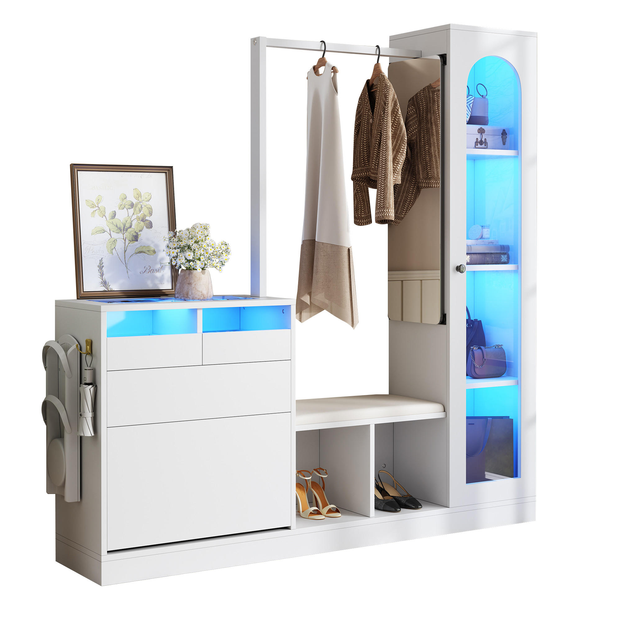 STILVORA GARDEROBNÍ SET v bílé barvě s LED osvětlením a lavicí na boty do předsíně, 163×35×161 cm