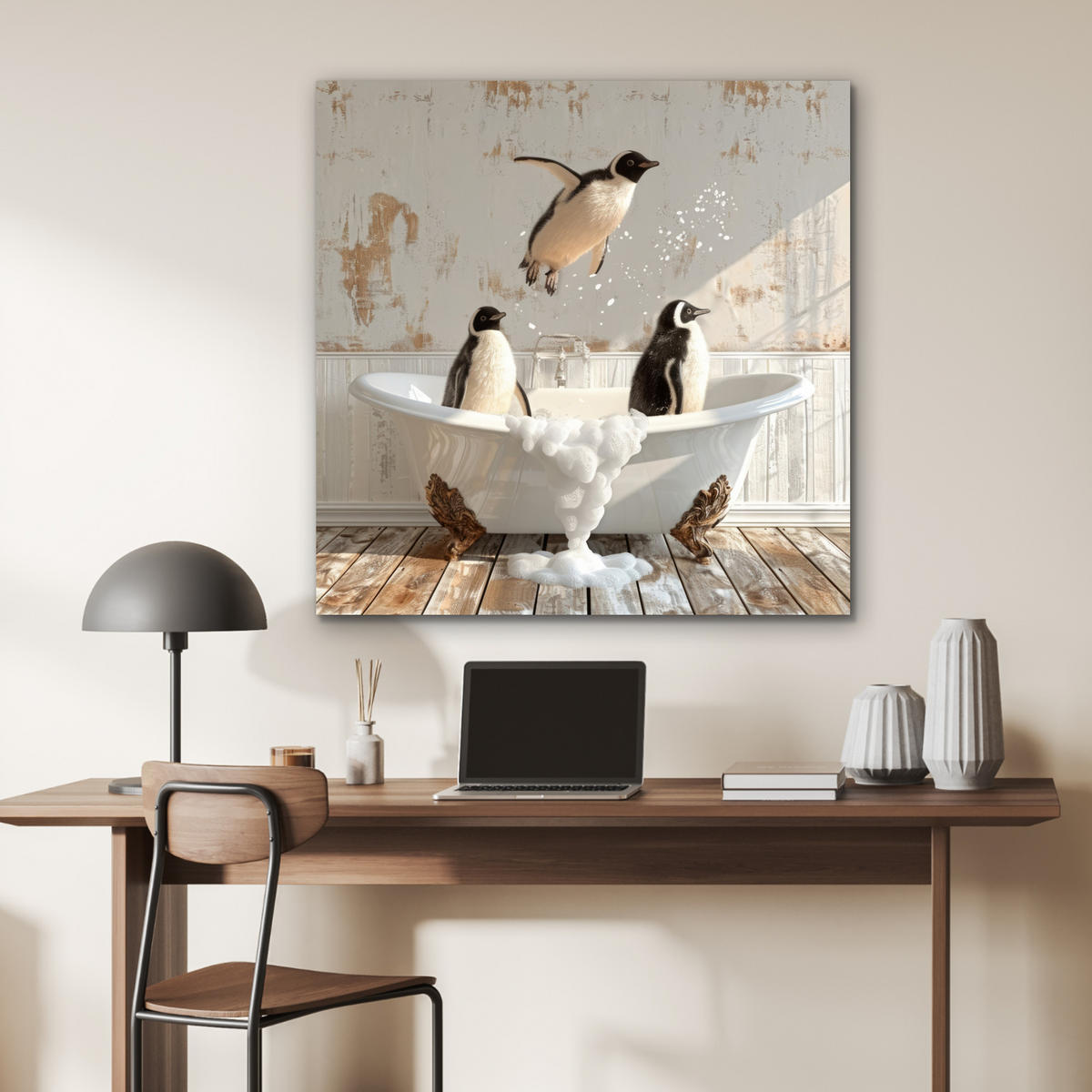 KOVOVÝ OBRAZ Vintage - Tučniak - Vaňa - Pena 90x90 cm - čierna, kov (90/90cm) - MuchoWow