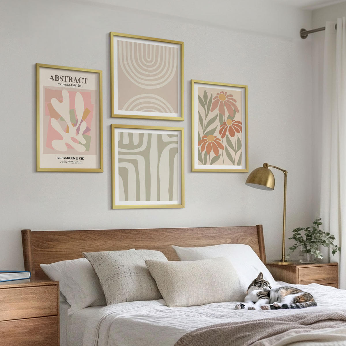 WANDBILDER 4er Set - 50x50 cm & 40x60 cm Goldrahmen - Abstrakte Pflanzenformen - Goldfarben, Kunststoff (50/50cm) - ArtPrintCave