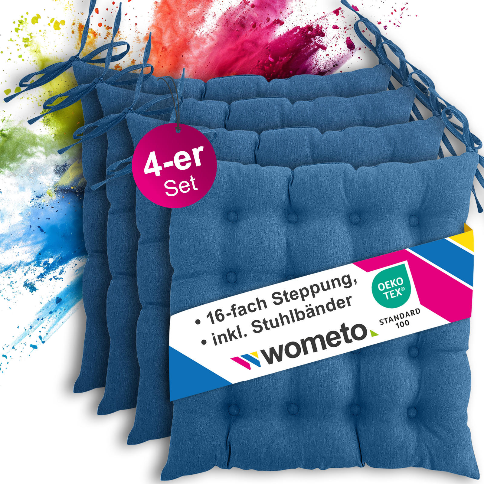 SITZKISSEN 4er Set 16-Punkt türkis 40/40 cm mit Steppung und Halte-Bändern - Türkis, Textil (40/40/4cm) - wometo