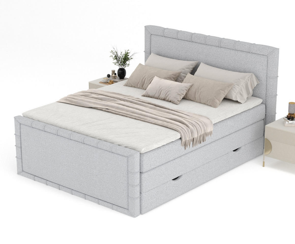 BOXBETT Estelle Hellgrau 160/200 cm im Webstoff - Hellgrau/Schwarz, Holz/Holzwerkstoff (160/200cm) - Maison de Reve