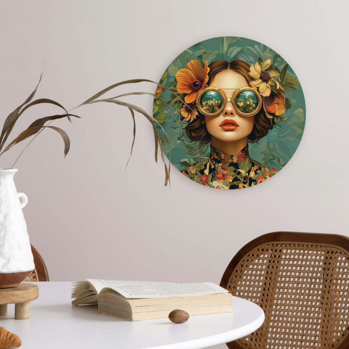 WANDBILD Frau - Blumen - Schmetterlinge - Natur - Vintage 30x30 cm - Petrol, Kunststoff (30/30cm) - MuchoWow