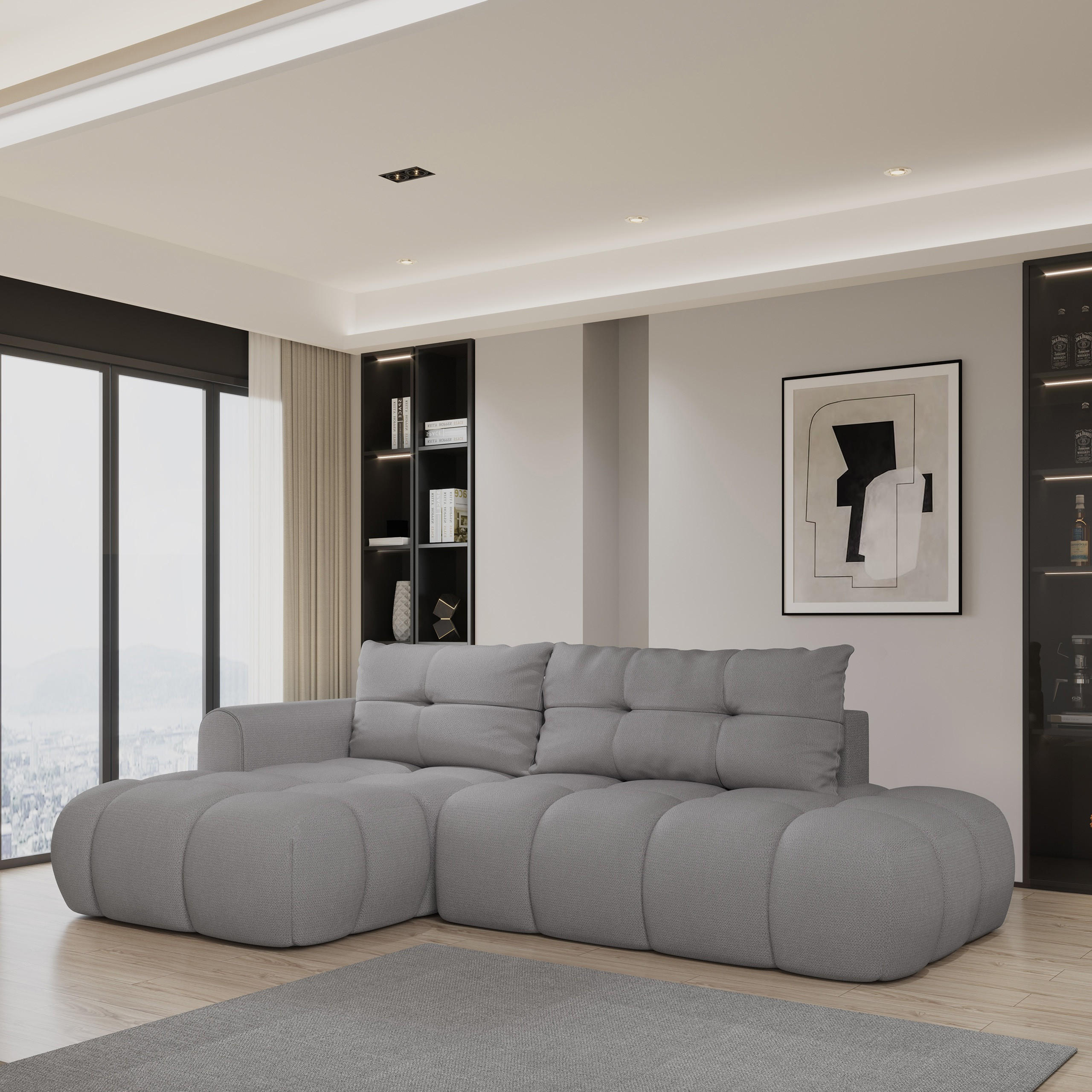 ECKSOFA FLUMA L-S Grau Geflochtener Stoff mit Schlaffunktion - Grau, Holz (274/165cm) - MASSENO