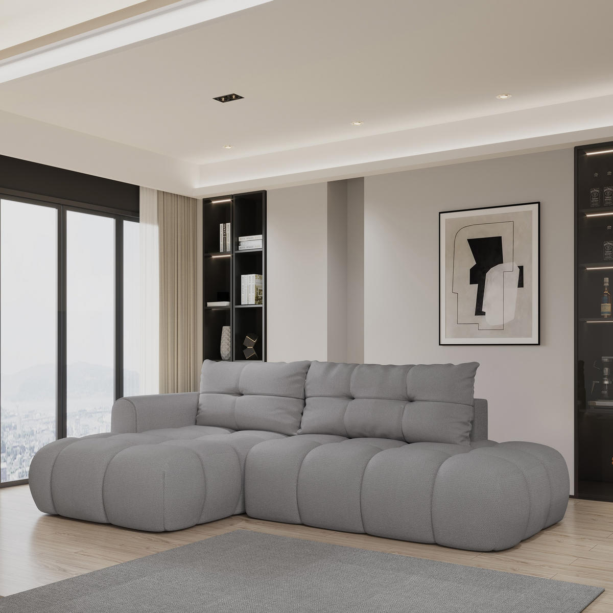 ECKSOFA FLUMA L-S Grau Geflochtener Stoff mit Schlaffunktion - Grau, Holz (274/165cm) - MASSENO