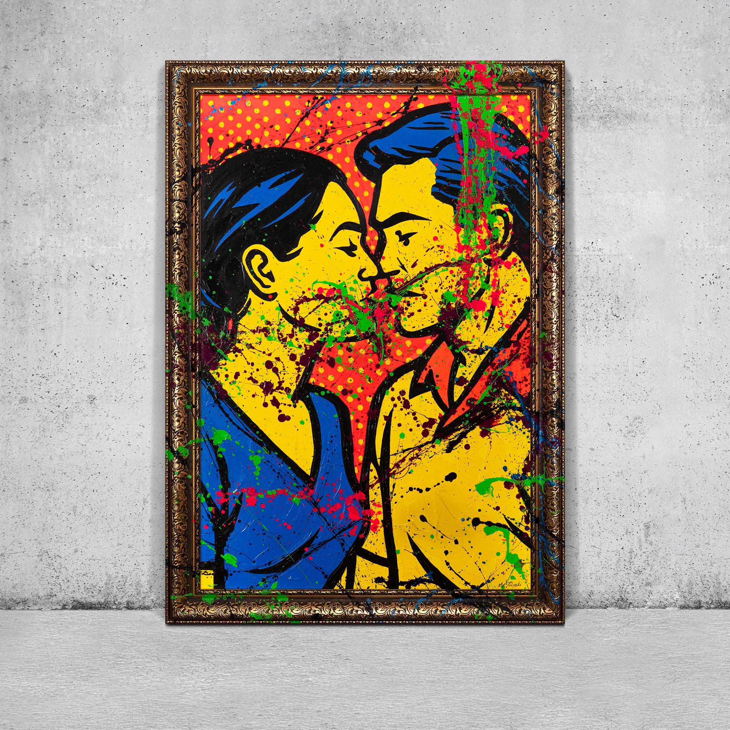 GEMÄLDE Farbiger Kuss Schattenfugenrahmen Gold 120x80 cm - Goldfarben, Holz (120/80cm) - YS-art gallery