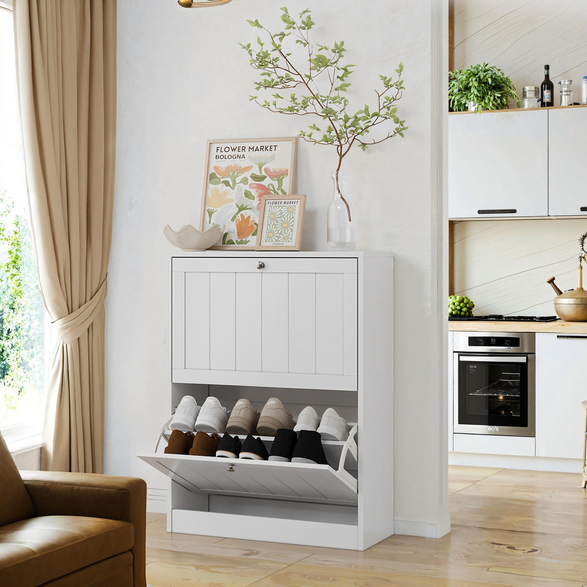 SCHUHSCHRANK aus MDF & Spanplatte in Weiß mit 2 Klappschubladen - Weiß, Holzwerkstoff (60/80/24cm) - Modfu