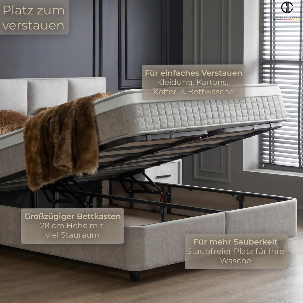 BOXSPRINGBETT MIT BETTKASTEN ARIANA 120/200 cm, Greige, mit Leuchten, Bettkasten, Matratze, Topper integriert, H3 mittel - Greige/Schwarz, Holz/Kunststoff (120/200cm) - Consilio Concept