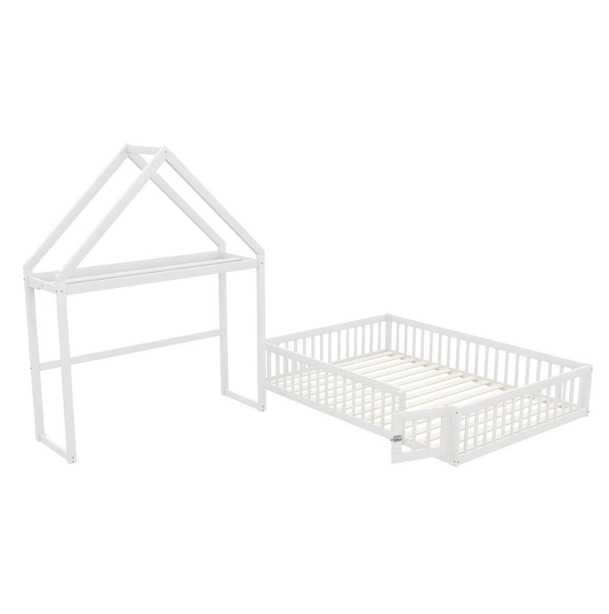 KINDERBETT 140/200 cm aus Holzwerkstoff mit Dach, Stauraum, Tür und Lattenrost, Weiß - Weiß, Holzwerkstoff (140/200cm) - Redom