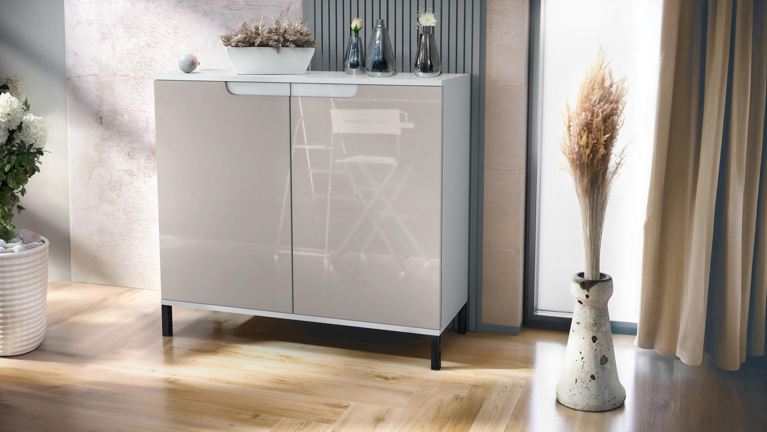 KOMMODE Sylt Sandgrau Hochglanz - Sandfarben, Holzwerkstoff (92.5/83.5/35cm) - Vladon