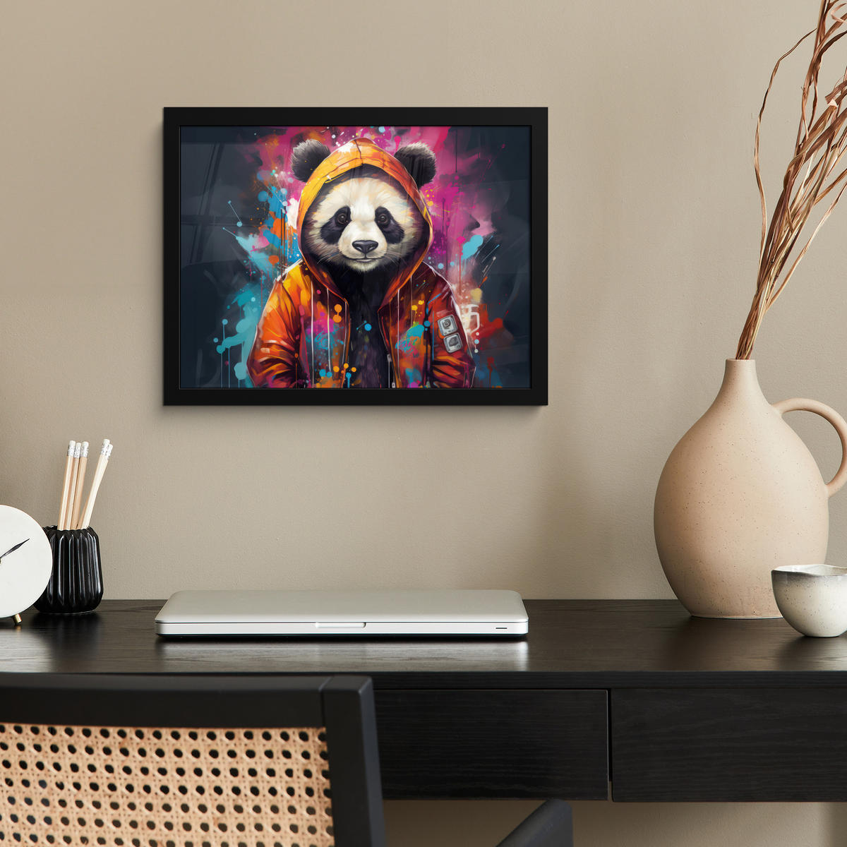 POSTER MIT RAHMENGERAHMTES BILD Panda - Jacke - Graffiti - Orange 40x30 cm - Orange, Papier (40/30cm) - MuchoWow