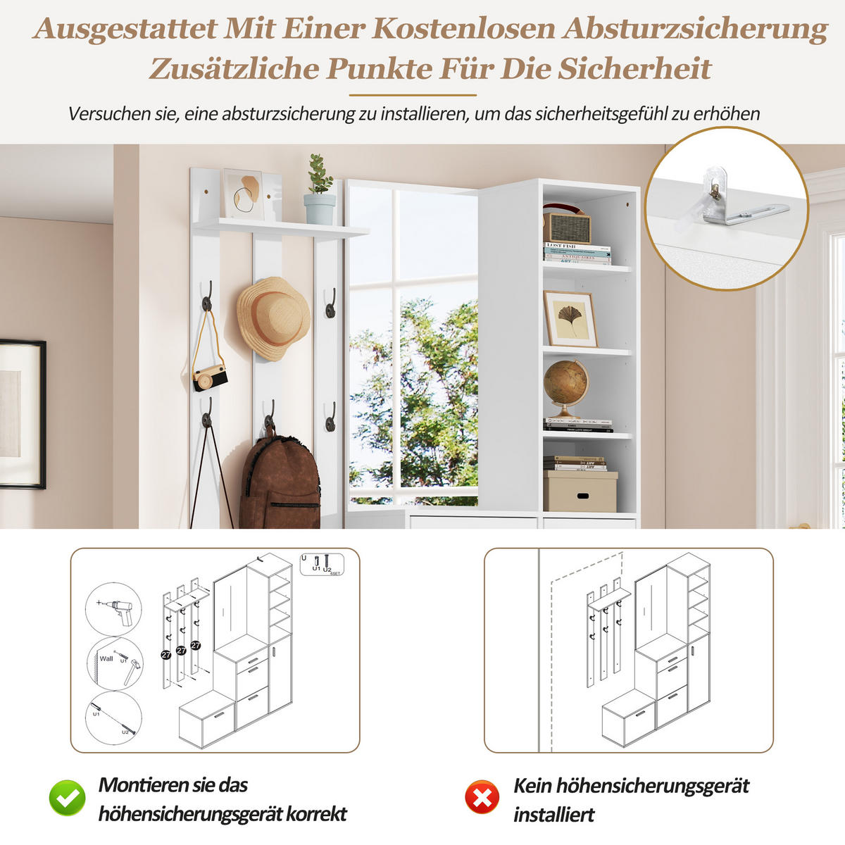 GARDEROBE Schuhschrank Spiegel Haken Wandmontiert Weiß - Weiß, Holzwerkstoff (120/178/30cm) - FLIEKS