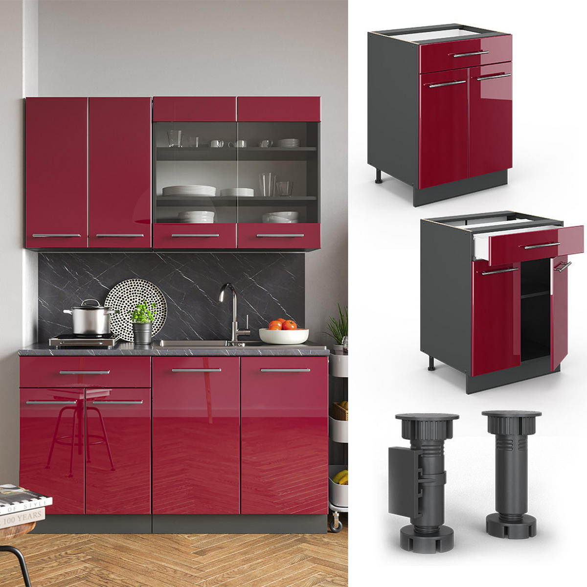KÜCHENUNTERSCHRANK Fame-Line Bordeaux Hochglanz 60 cm mit Schublade ohne AP - Bordeaux/Anthrazit, Holzwerkstoff (60/82/51.6cm) - Vicco