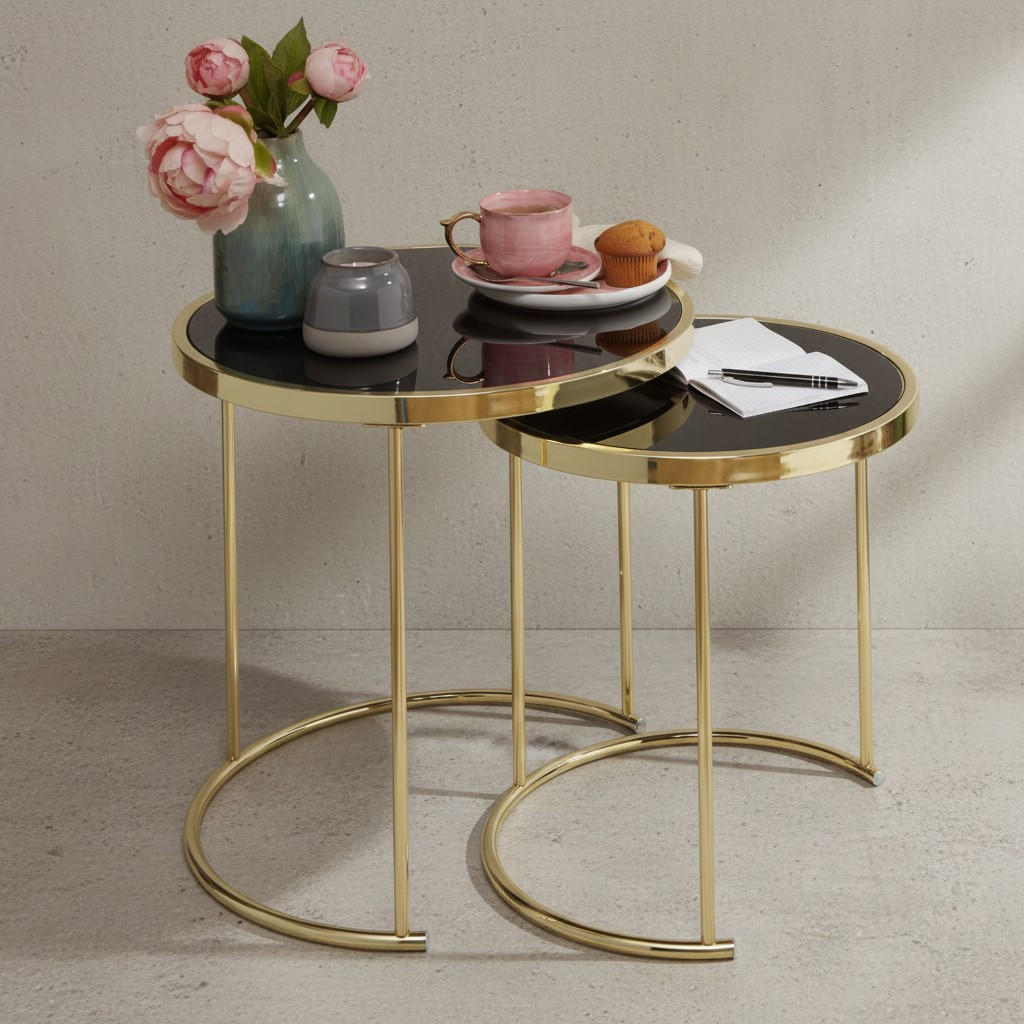 SATZTISCH Set – 2-teilig Metall Hochglanz schwarzes Glas 50/42 cm - Goldfarben/Schwarz, Glas/Metall (50/50/50cm) - KADIMA DESIGN