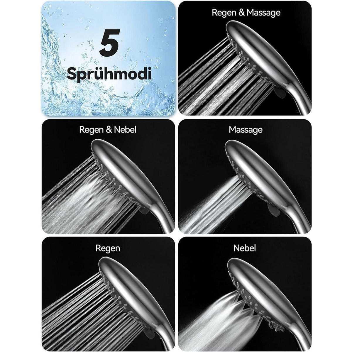 HANDBRAUSE Set mit 1,8m Schlauch und 5 Strahlarten - Silberfarben, Metall (11/12.7/25cm)