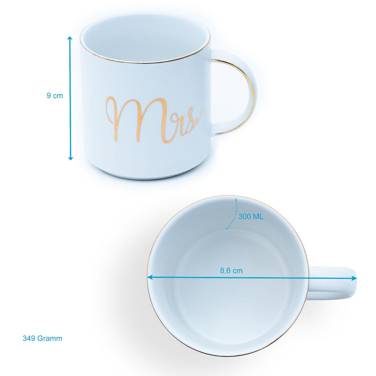 KAFFEETASSE mit Goldrand und Aufschrift Mrs & Mr 300 ml (2-tlg.) - Weiß, Keramik (0.3L) - Intirilife