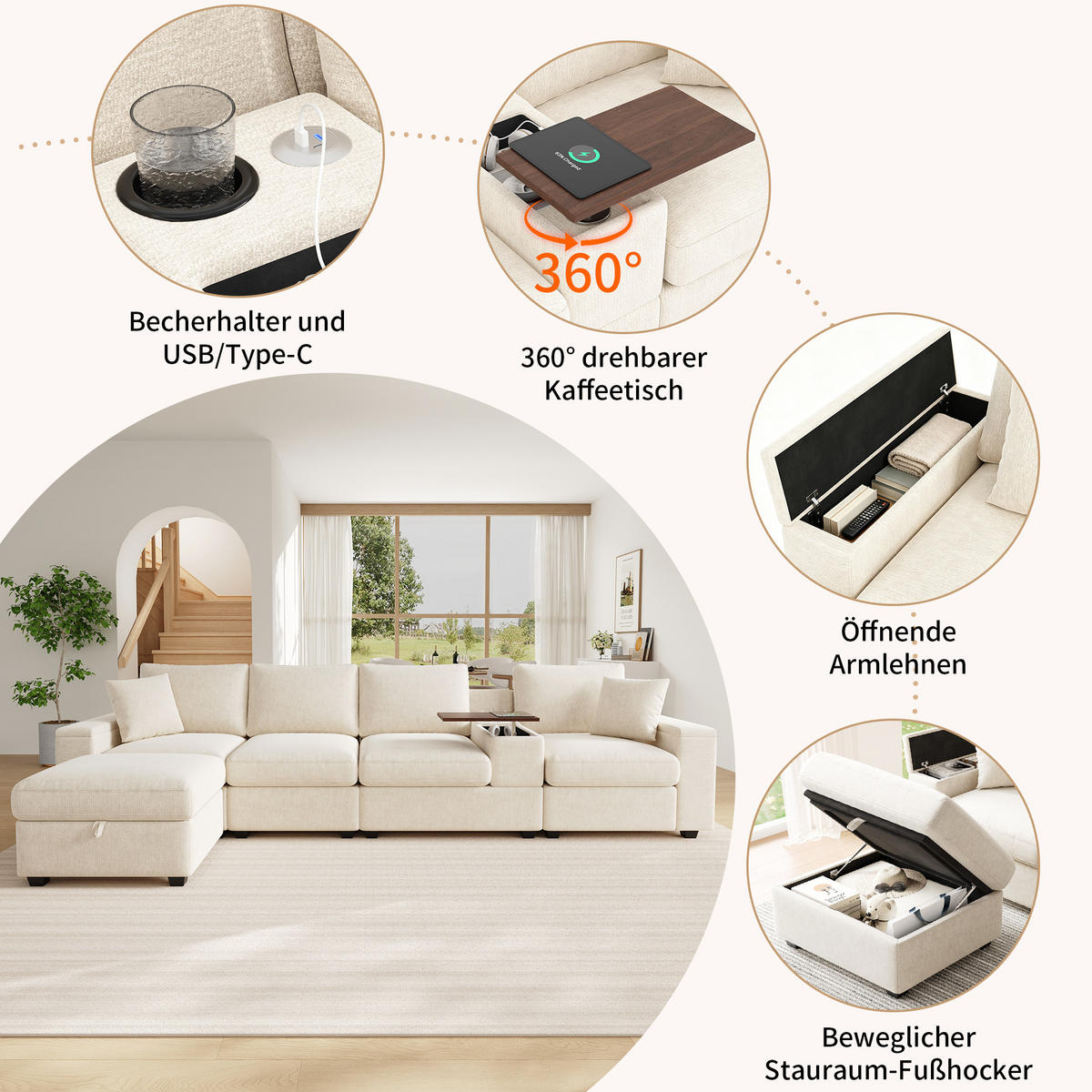 ECKSOFA 313/147/82 cm Beige mit Stauraum, USB-/Typ-C, Getränkehaltern und 360° drehbarem Couchtisch - Beige, Textil/Metall (313/147cm) - Oxeza