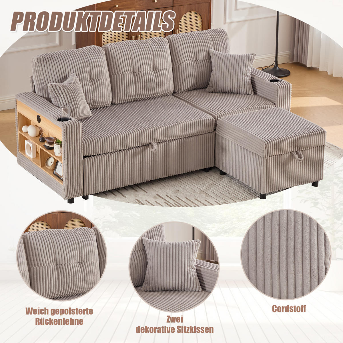 SCHLAFSOFA aus Cord mit Stauraum, Ausziehbett und USB-C - Hellgrau, Textil (196/85/82cm)