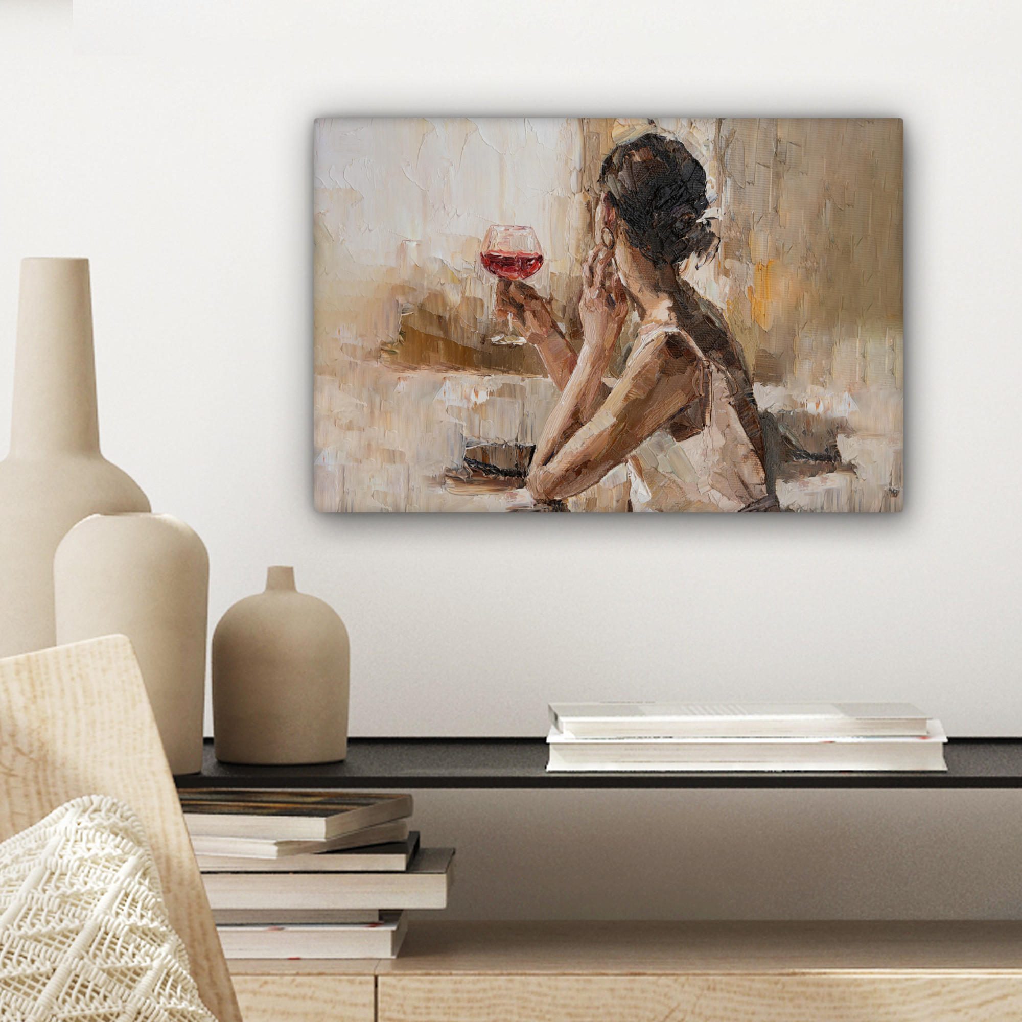LEINWANDBILD Ölgemälde - Frau - Wein 30x20 cm - Hellbraun, Textil (30/20cm) - MuchoWow