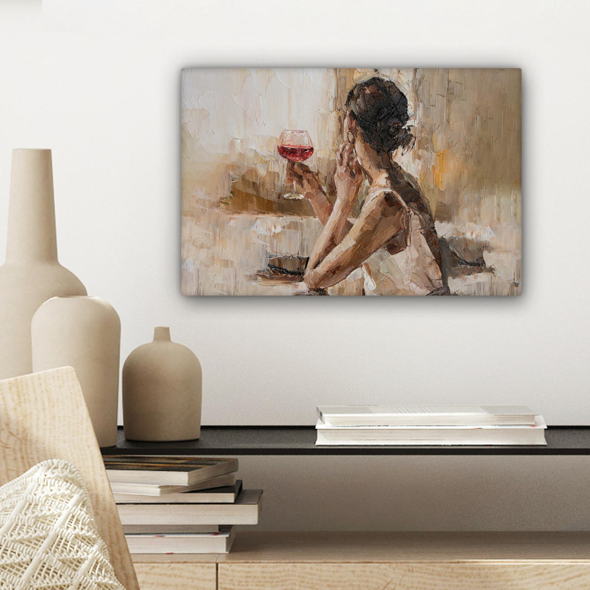 LEINWANDBILD Ölgemälde - Frau - Wein 30x20 cm - Hellbraun, Textil (30/20cm) - MuchoWow