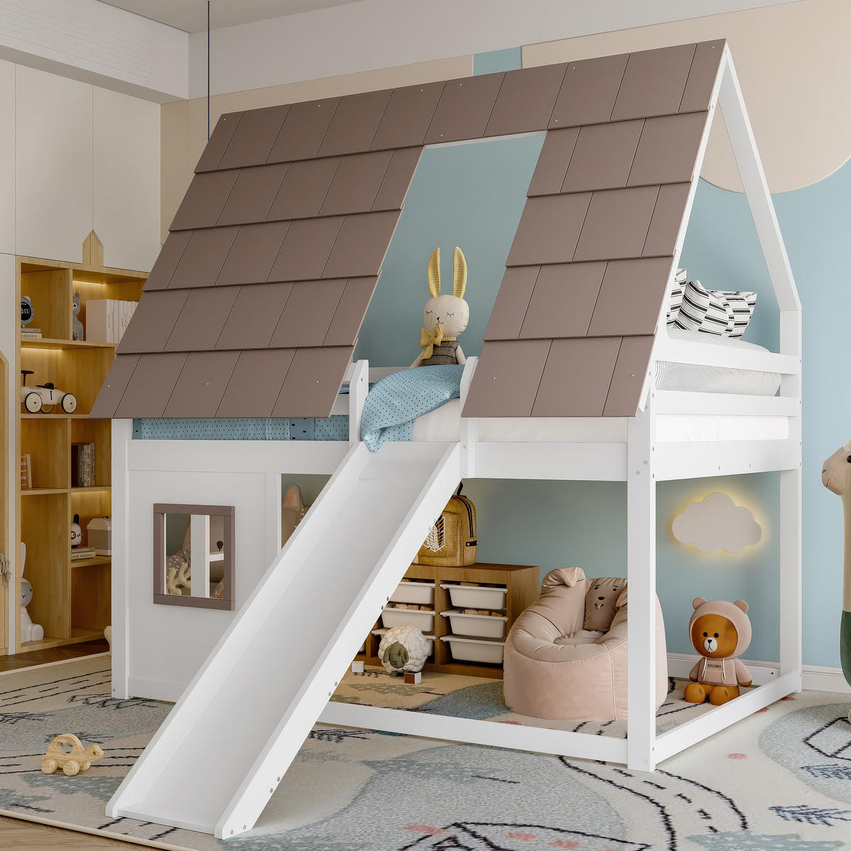 ETAGENBETT 140/200 cm weiß und braun aus Kiefer mit Rutsche und Leiter - Braun, Holzwerkstoff (140/200cm) - OKWISH