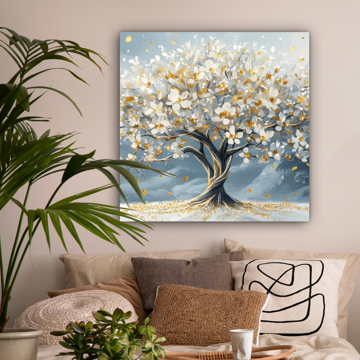 LEINWANDBILD Baum - Winter - Baum des Lebens - Modern - Gold 90x90 cm - Goldfarben, Textil (90/90cm) - MuchoWow