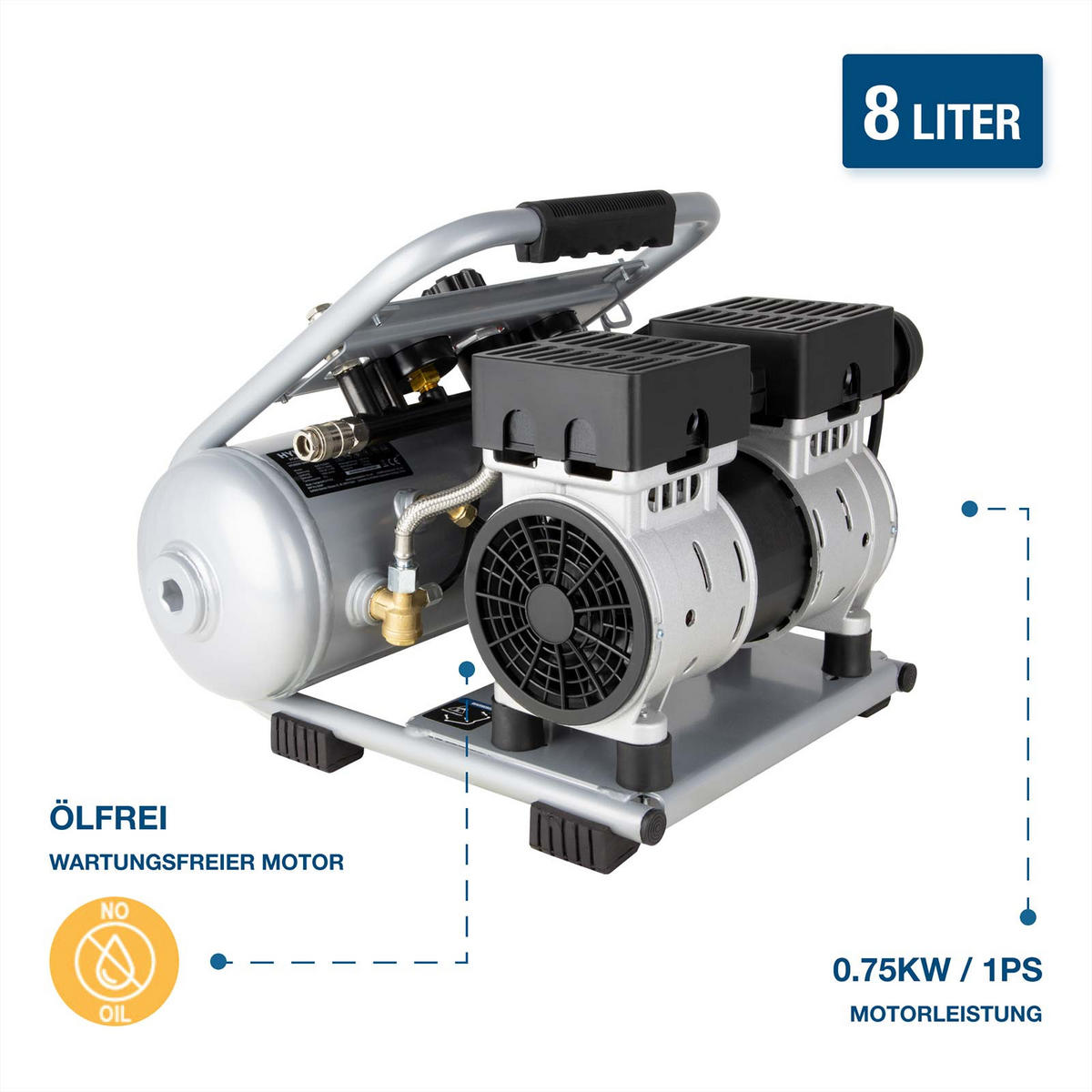SILENT Kompressor SAC75008IC (9 bar, 8L, tragbar, ÖLFREI, 49 dB, 750 W / 1 PS) - Silberfarben, Metall (41/41/36cm) - HYUNDAI
