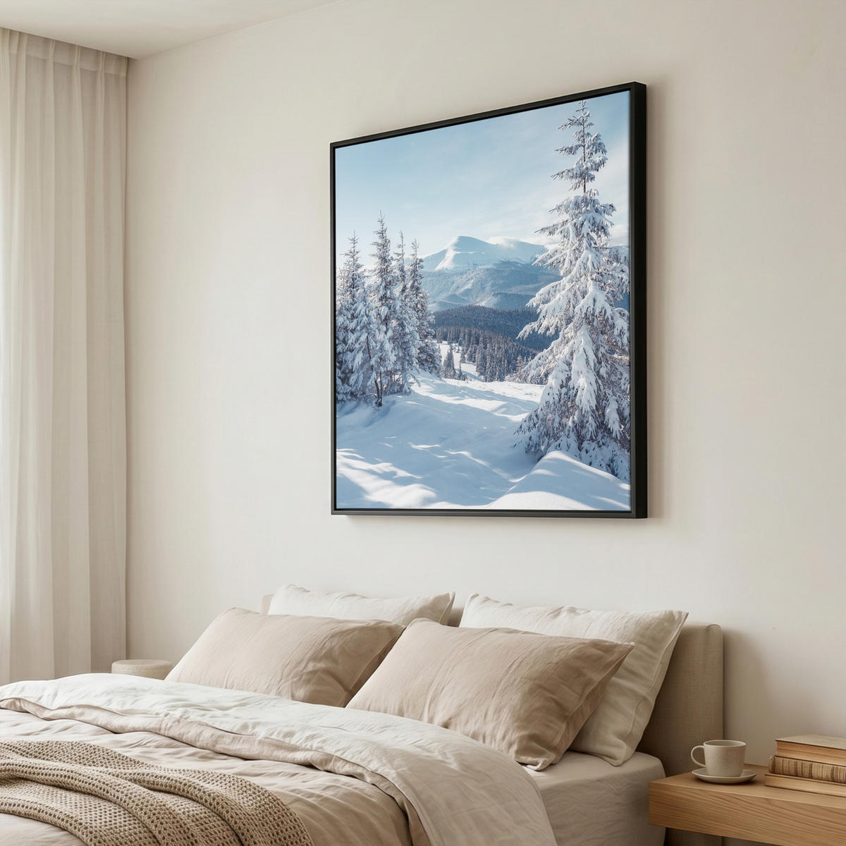 LEINWAND Bilder mit Rahmen - Winterlandschaft - Natur - Berge - Bäume - Schnee - 90x90 - Hellblau, Textil (90/90cm) - MuchoWow