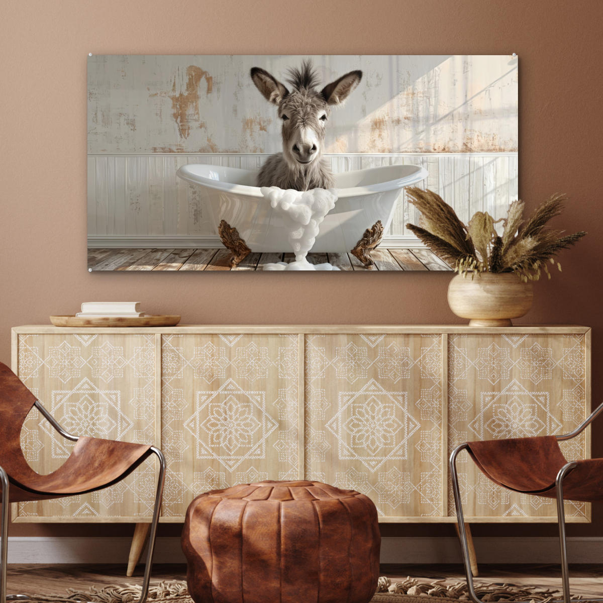 ACRYLGLASBILD Esel - Tiere - Badewanne - Schaumstoff 120x60 cm - Weiß, Glas (120/60cm) - MuchoWow