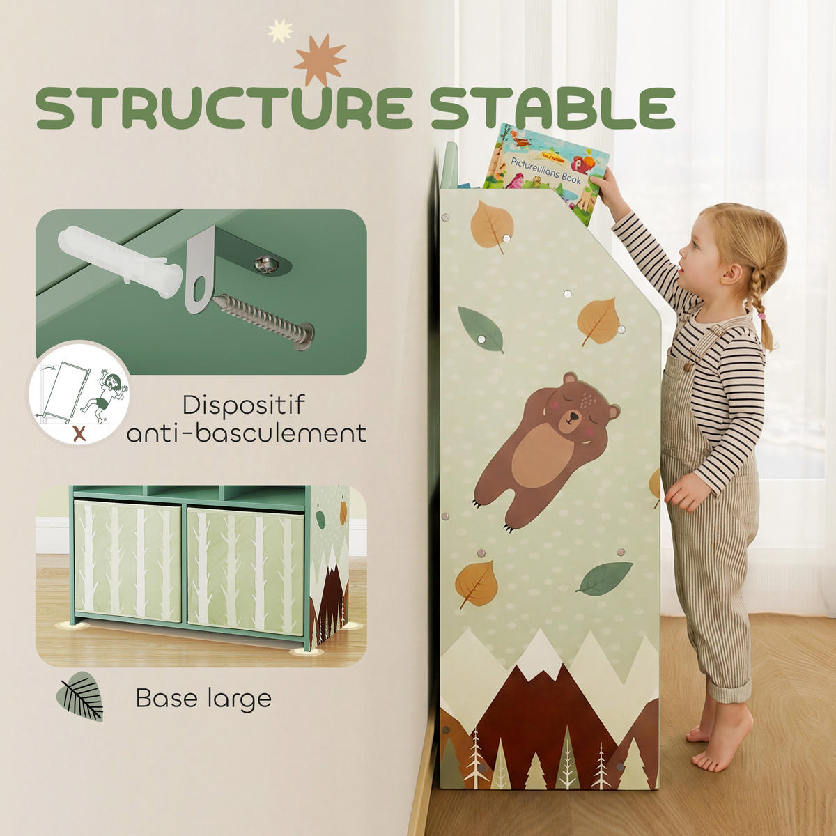 KINDERREGAL Grün mit 2 Stoffschubladen Haus-Design - Grün, Holzwerkstoff (62.5/91.5/30cm) - PANGIVO