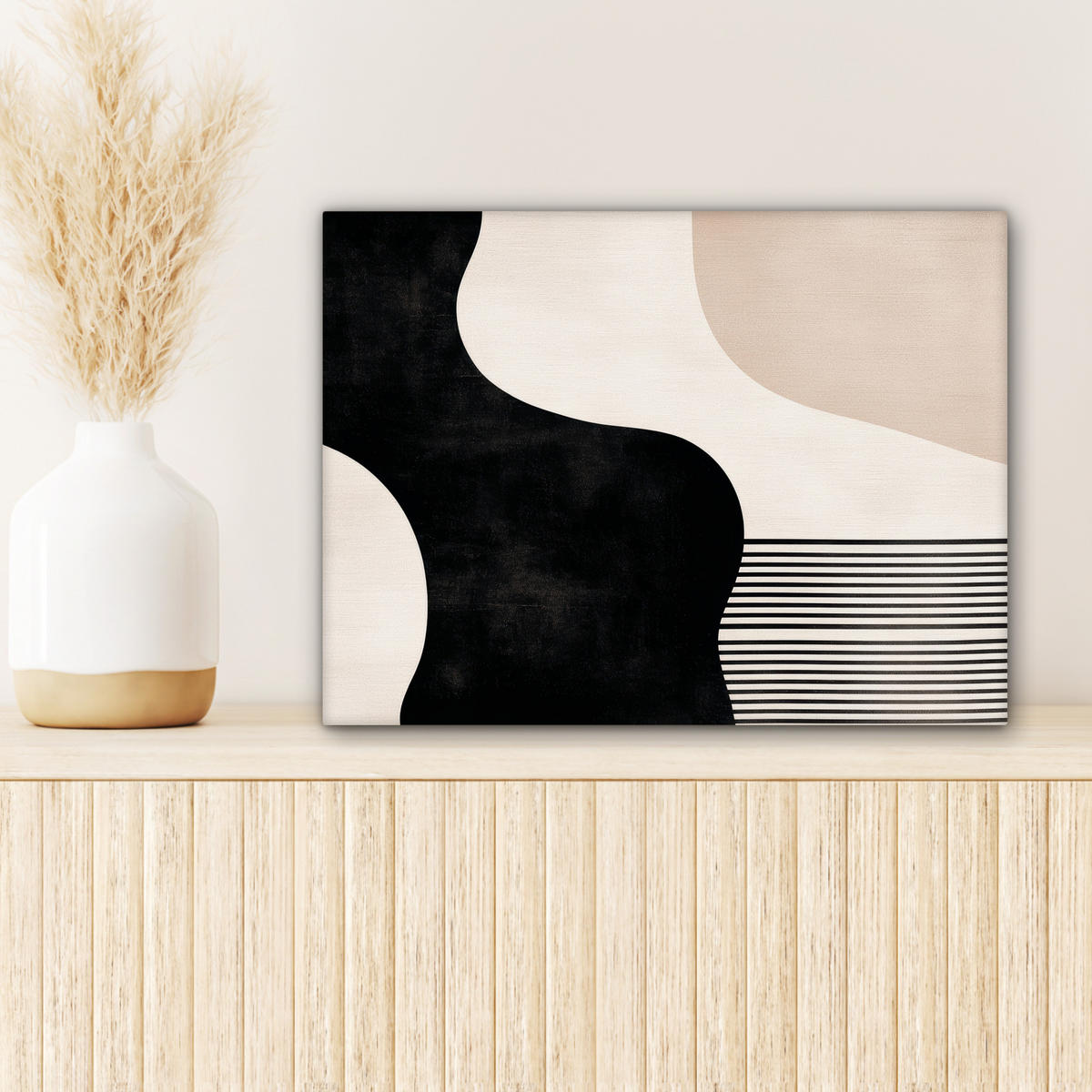 LEINWANDBILD Abstrakt - Japandi - Beige - Modern 40x30 cm - Schwarz, Textil (40/30cm) - MuchoWow