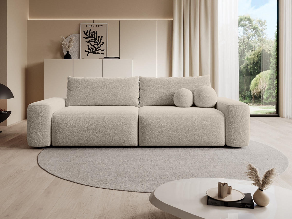 BETTSOFA RUOTA Beige Bucle-Stoff mit Schlaffunktion - Beige, Textil (105/87/257cm) - MASSENO