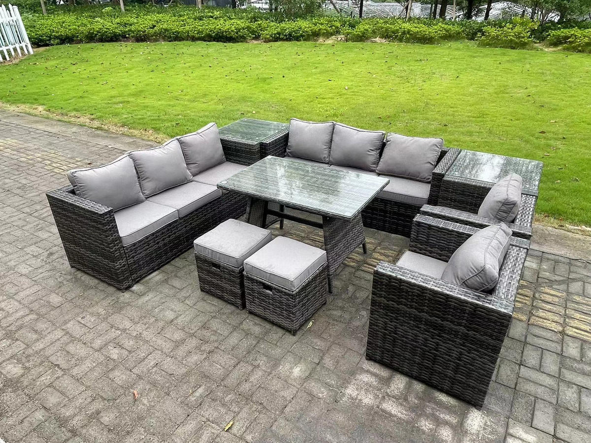 GARTENMÖBELSET mit 2 Hockern,Beistelltisch 10-Sitzer Grau - Dunkelgrau/Grau, Glas/Kunststoff - Fimous