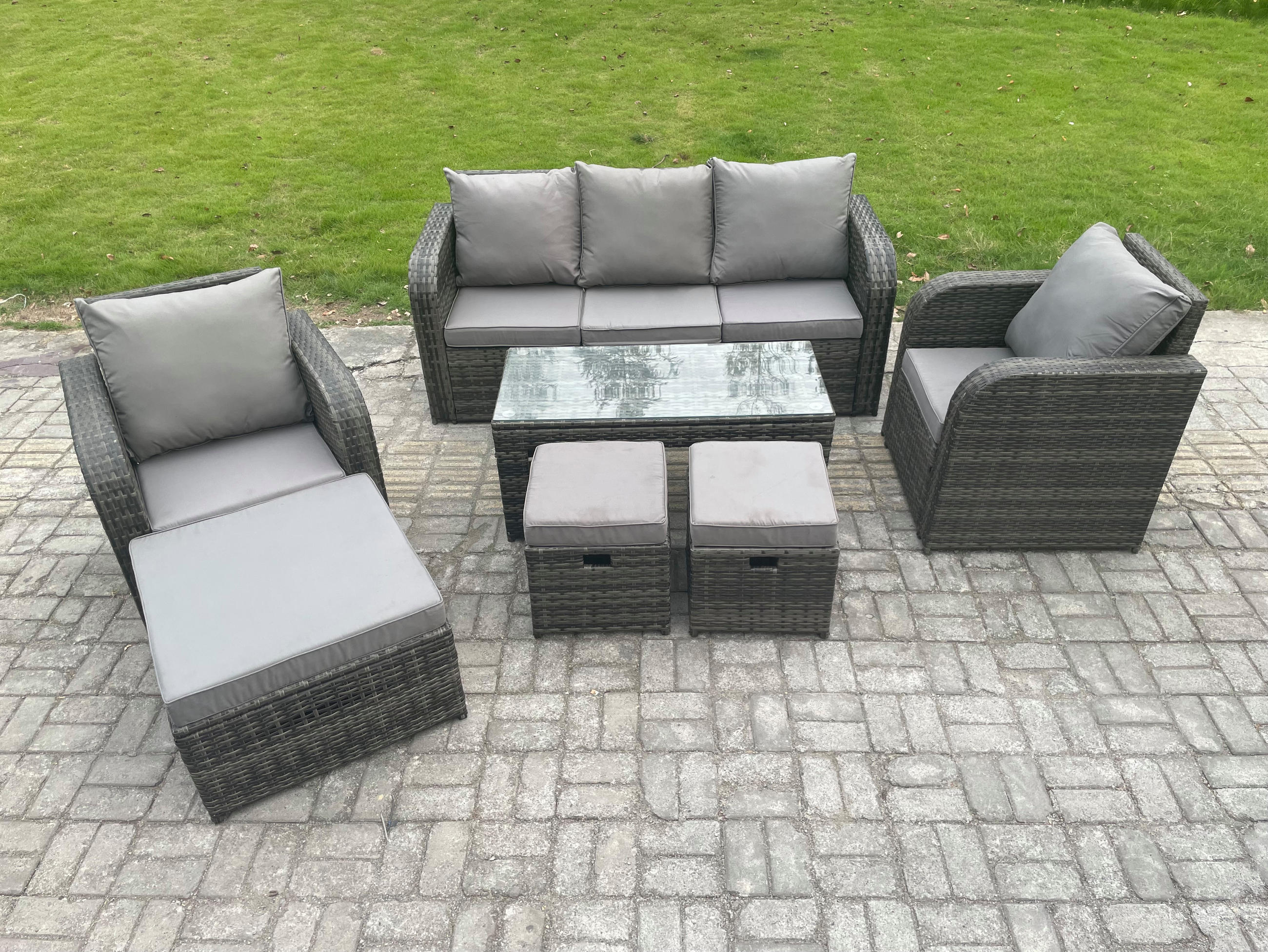 GARTENSOFA SET mit LIEGESTUHL Polyrattan 8-Sitzer Dunkelgrau - Dunkelgrau/Grau, Glas/Kunststoff - Fimous