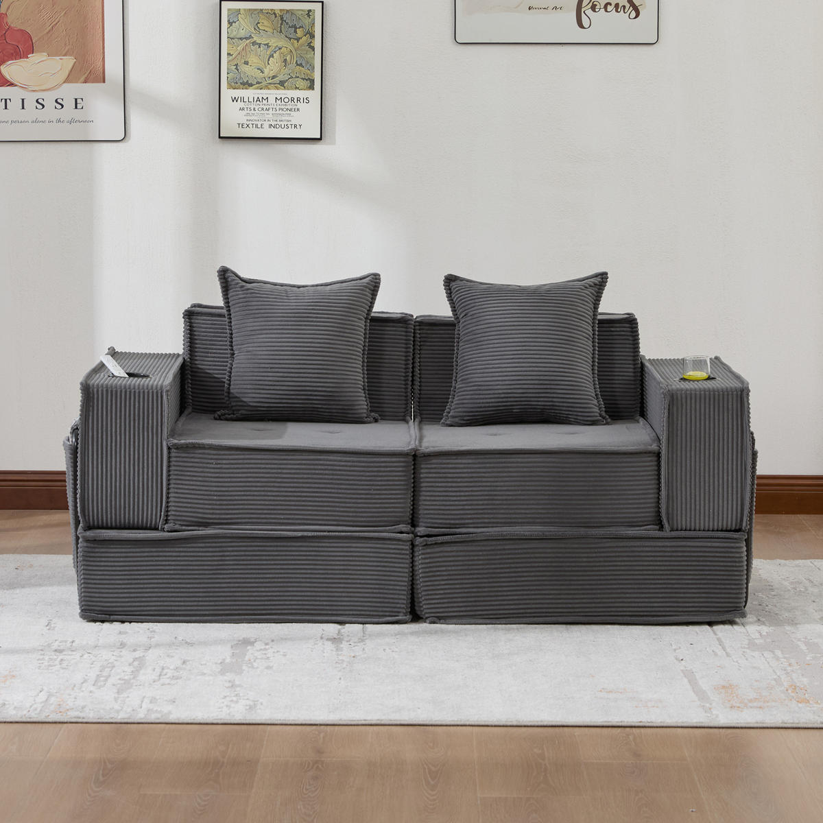 2-SITZER-SOFA 162/78/66 cm mit 2 Kissen, Seitentaschen und modularem Cord-Design, Dunkelgrau - Dunkelgrau, Textil (162/66/78cm) - Redom