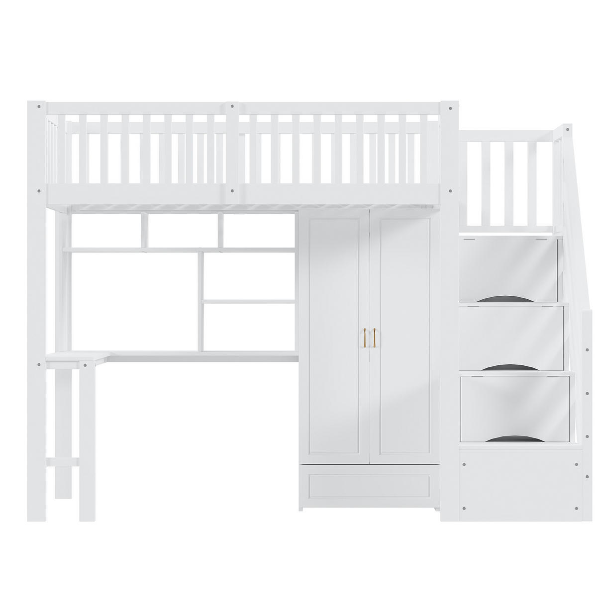 HOCHBETT 90/200 cm mit Kleiderschrank, Tisch, Regal und Treppe mit Schubladen aus Holzwerkstoff, Weiß - Weiß, Holzwerkstoff (90/200cm) - Redom