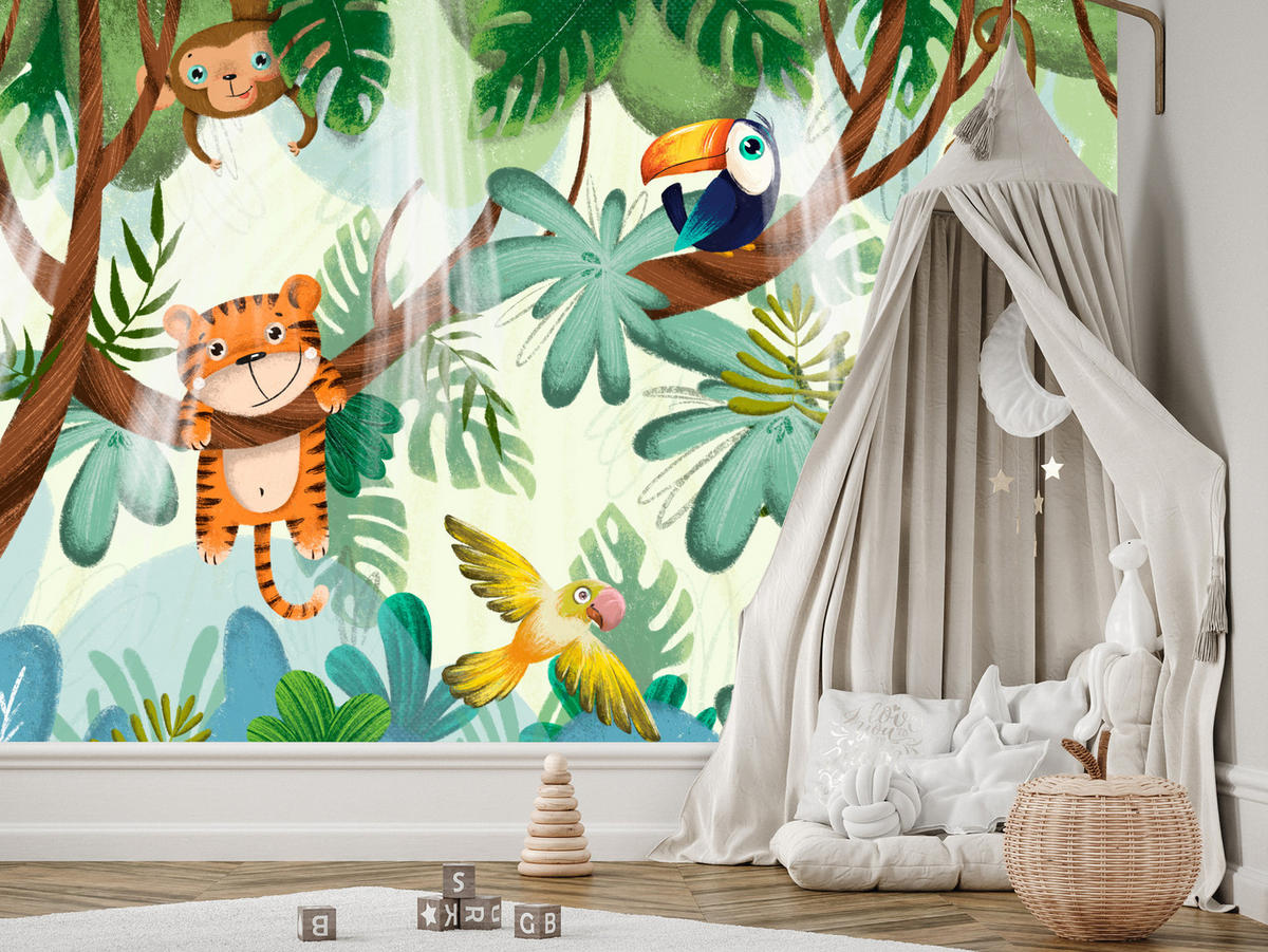 FOTOTAPETE für Kinderzimmer Süße Dschungeltiere Monstera Affen Tiger Vogel 200x140 - Gelb/Beige, Papier (200/140cm) - Muralo