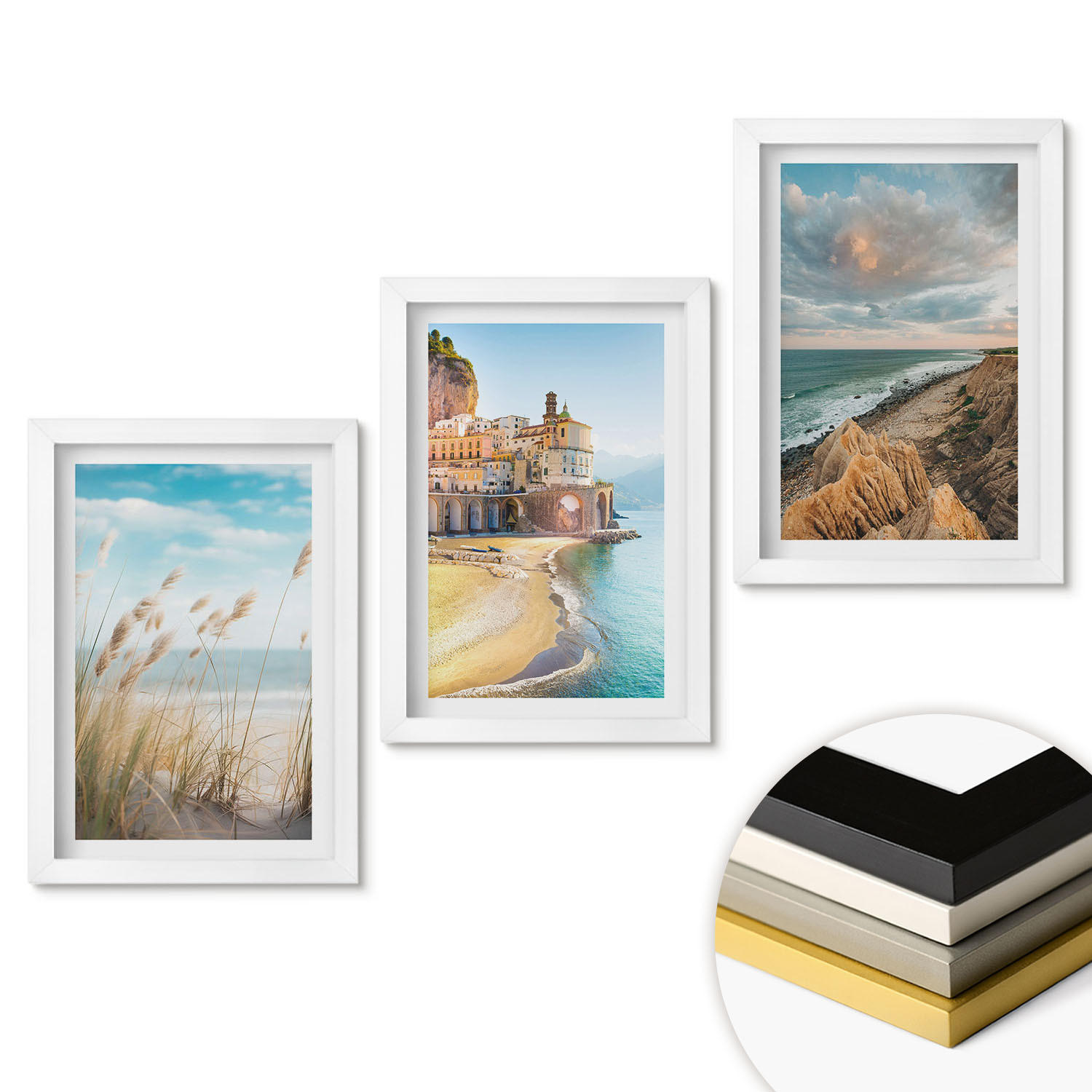WANDBILDER 3er-Set - 20x30 cm Weißer Rahmen - Landschaften Strand Klippen Stadt - Weiß, Kunststoff (20/30cm) - ArtPrintCave