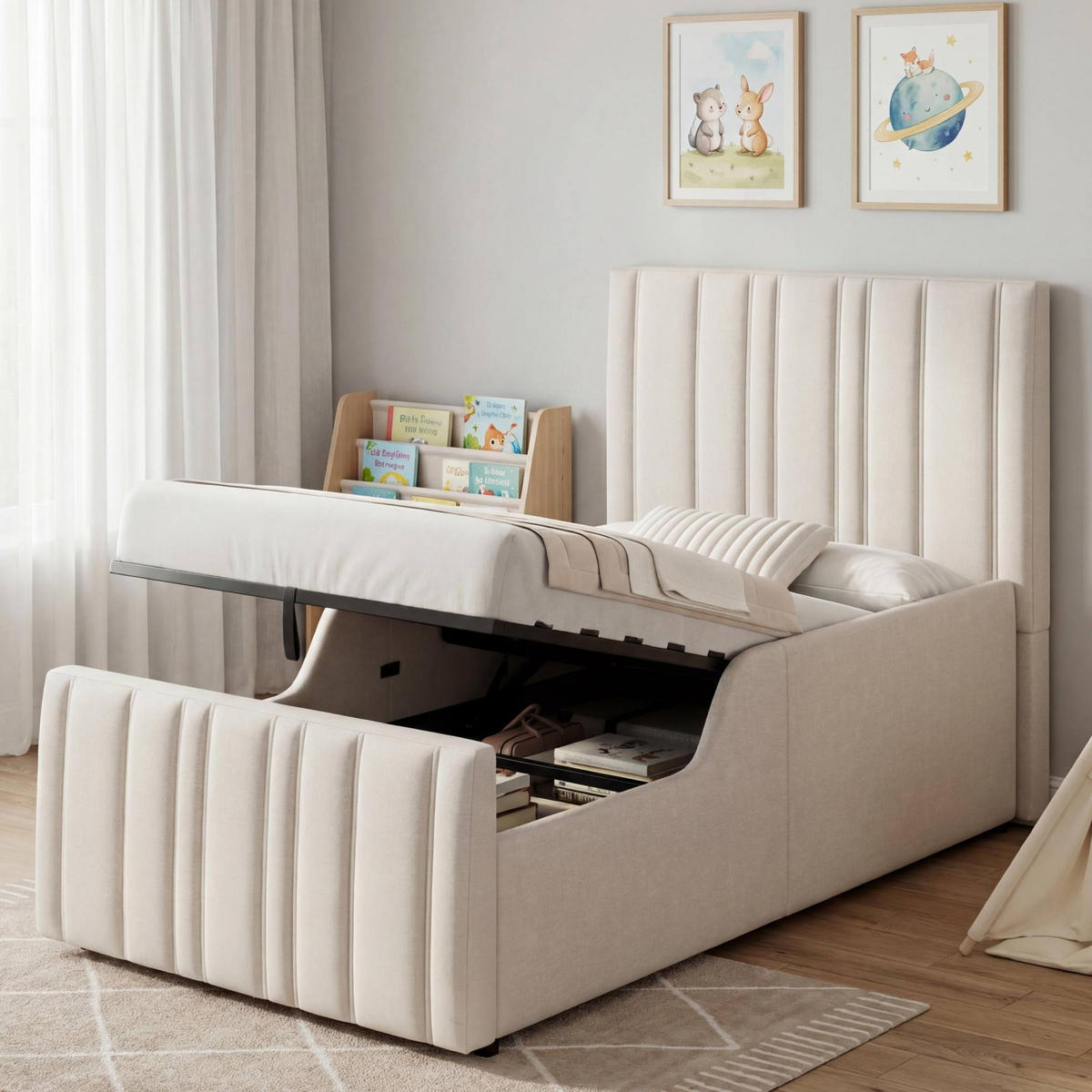 KINDERBETT 90/200 cm Beige aus Leinenstoff mit Lattenrost und Stauraum - Beige, Textil (90/200cm) - OKWISH