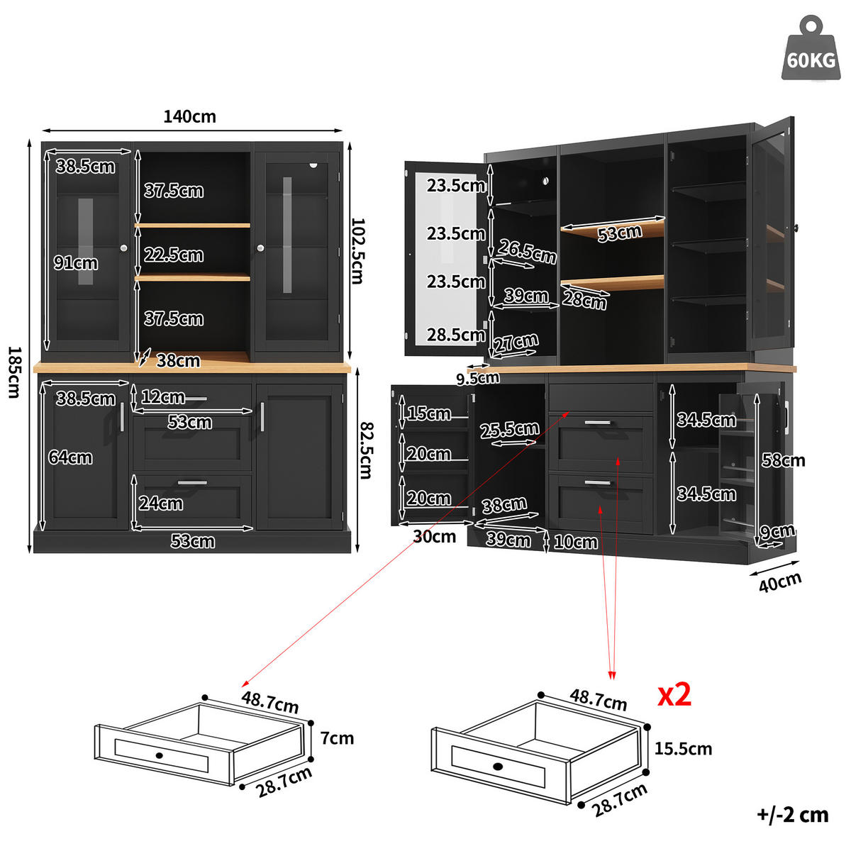 KÜCHENSCHRANK LED App 185x140x40Cm Arbeitsplatte - Schwarz, Holzwerkstoff (140/185/40cm) - FLIEKS