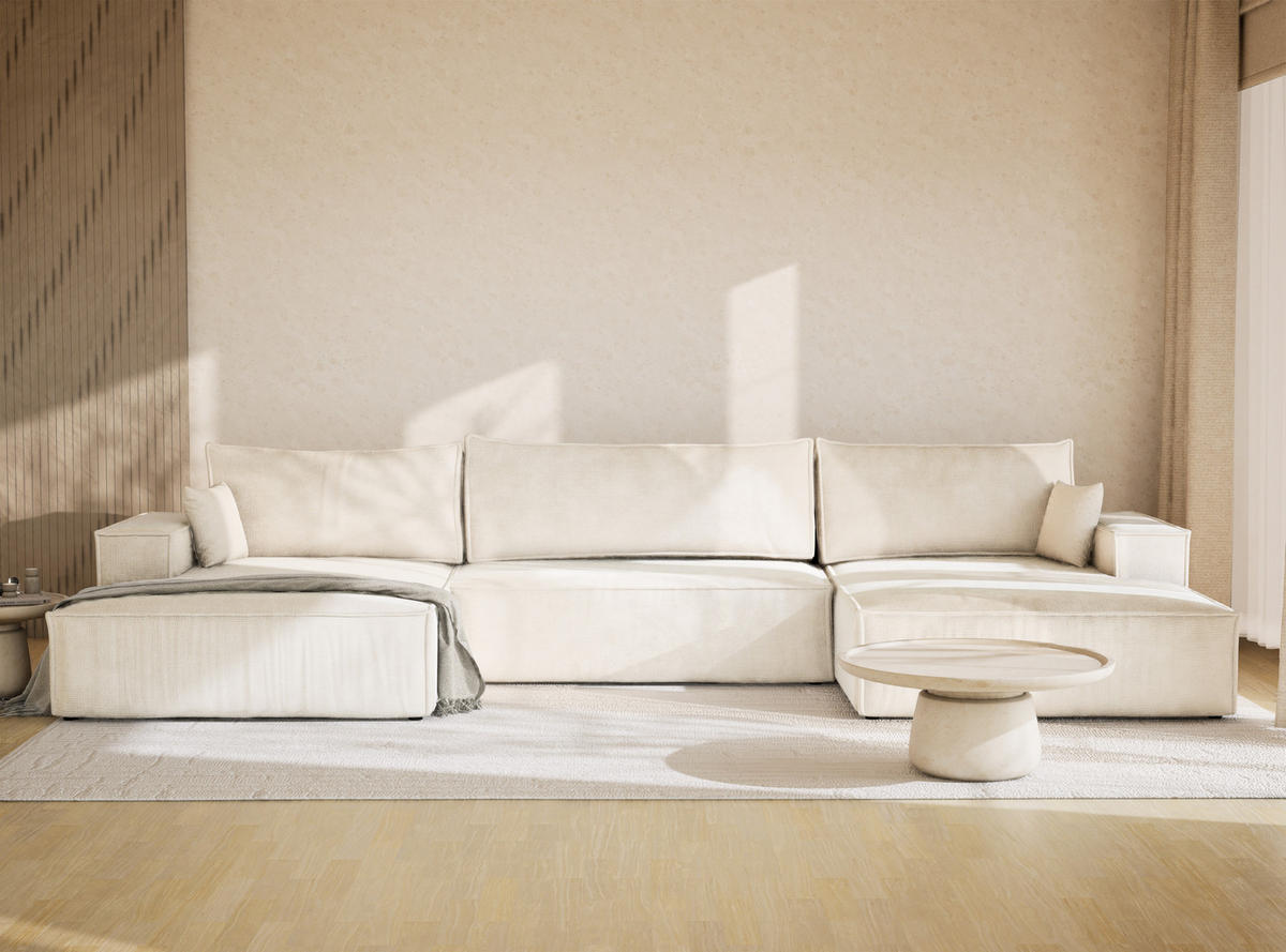 WOHNLANDSCHAFT Kyoto Creme Chenille-Stoff - Creme/Schwarz, Holz/Holzwerkstoff (398/70/148cm) - Maison de Reve